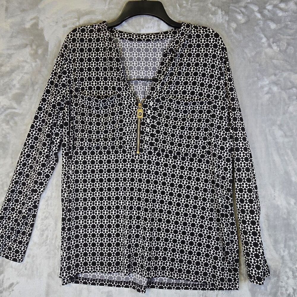 Michael Kors Blouse Geometric Zip-Neck Long Sleeve Black White *XL no tags